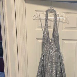 Mac Duggan platinum halter dress